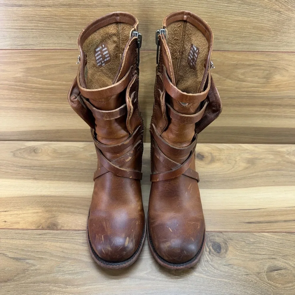 FREEBIRD Baker Mid Boot 9 Cognac Brown Leather Stacked Heel Festival Boho Zip